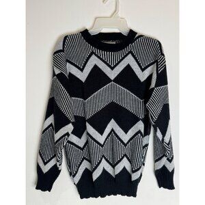 Women Vintage Sweater With A Chevron Style Pattern Black White Silver Metallic 8